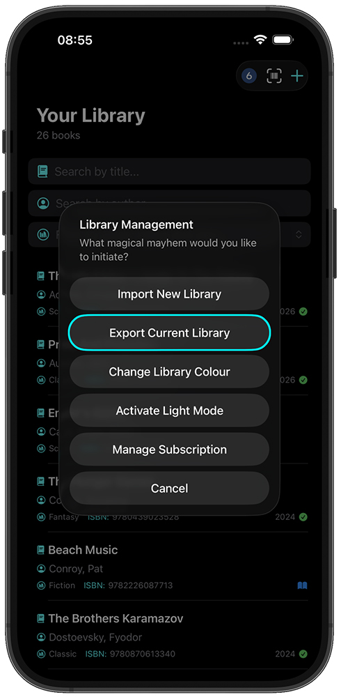 Book Tracker on iPhone: Export screen showing how to export your library as a CSV file.