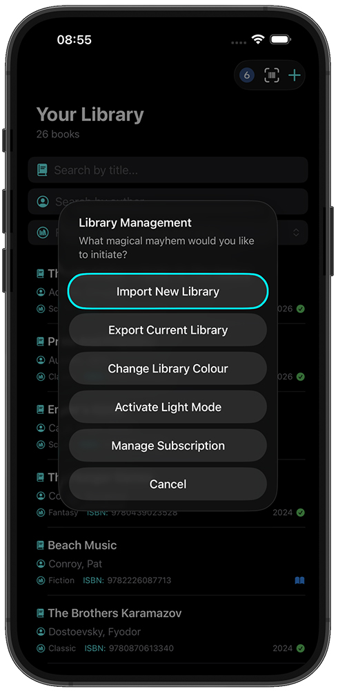 Book Tracker on iPhone: Import screen showing how to choose a CSV file to import into your library.